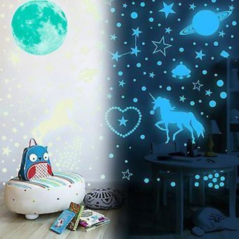 Autocollants lumineux Blu-ray Lune et Étoiles, Veilleuse, Licorne, Vaisseau spatial, Autocollants muraux fluorescents (1/4)