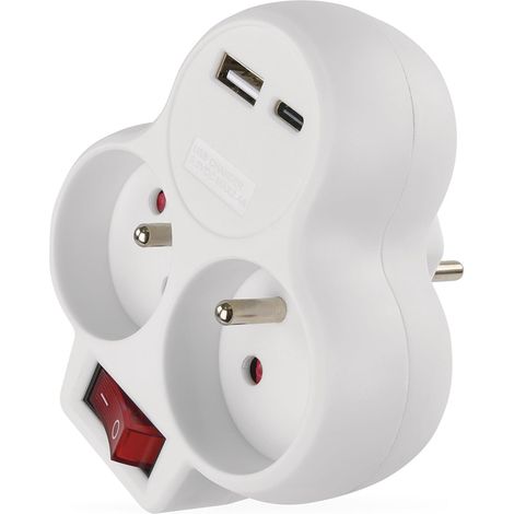 Prise Multiple avec 2 Ports USB et Interrupteur, Double Prise avec Port USB-A et USB-C Max. 3,4 A/17 W - Bouton on/Off - IP20 pour intérieur - Blanc - 250V/16 A/3680 W (1/5)