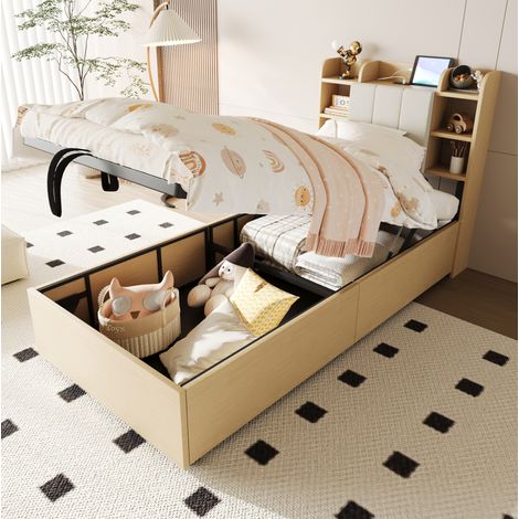 Cama individual hidráulica 221x94.2x99.5 cm, con almacenaje en cabecero, puertos USB y Type C, MDF, color madera natural (1/5)