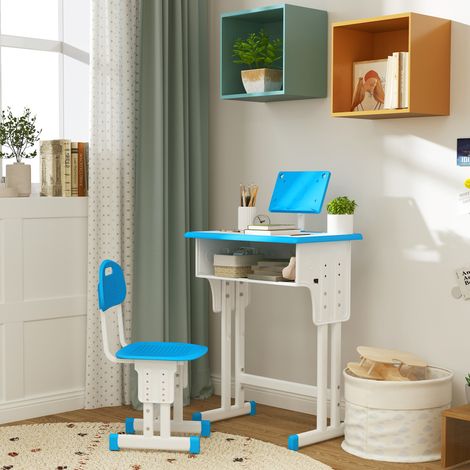 Set scrivania e sedia per bambini dai 6 anni in su, regolabile in altezza, con 1 cassetto e ripiano, 60x45x90-102 cm, blu.