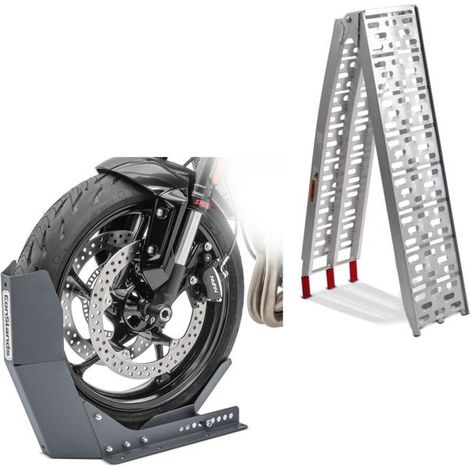 rampa di carico in alluminio max. 340 kg pieghevole per scooter quad ATV + Blocco Ruota Easy-Fix Cavalletto Anteriore a 21 Pollici grigio