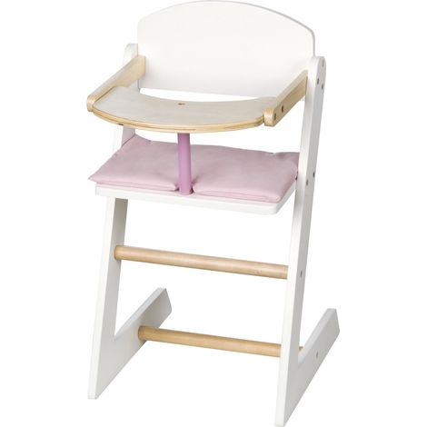 Chaise Haute pour Poupon et Poupée en Bois + Coussin Rose et Plateau Repas - Hauteur 52 cm - dès 3 Ans - Blanc / Naturel (1/5)