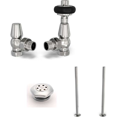 Signature Wooden Head - Chrome Thermostatic Radiator Valve & Installation Kit Angled 15mm (1/3)