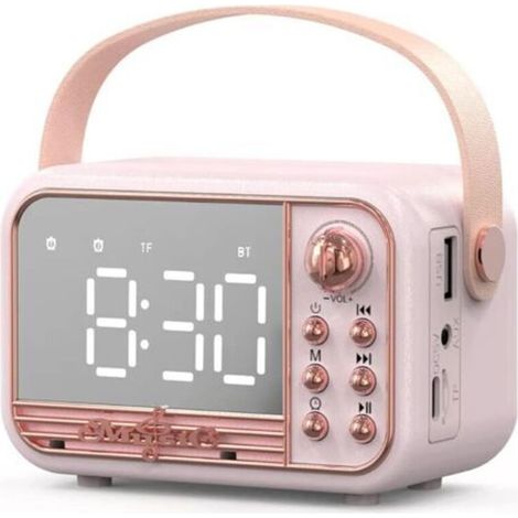 Enceinte Bluetooth rétro, style vintage, portable, avec réveil, volume puissant, compatible carte TF, clé USB et entrée AUX, rose, idéale pour la cuisine, la chambre, la maison et l'extérieur