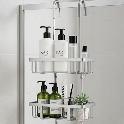 Estante colgante para ducha, soporte para gel de baño y champú - Acero inoxidable - Plateado - Altura: 57 cm