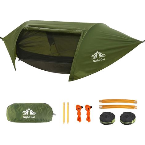 Hamac-tente Night Cat avec moustiquaire et housse imperméable – Pour 1 personne – Idéal pour la randonnée, le camping, le jardin et les espaces verts.