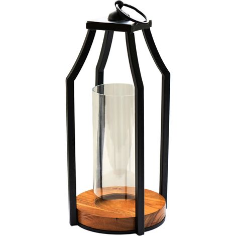 Felicity Circular Base Lantern - Glass/Metal - L14 x W14 x H30 cm - Black/Acacia Wood