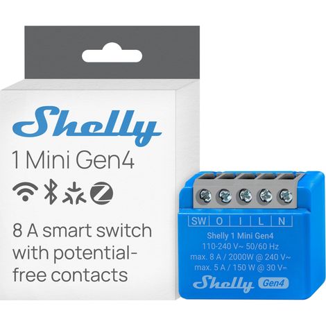 Shelly 1 Mini Gen4 – Módulo interruptor inalámbrico Matter, Zigbee, Wi-Fi, 1 canal 8A, Contactos secos, Relé abrepuertas de garaje, Temporizador, Control por app y por voz Alexa, Google, Apple HomeKit