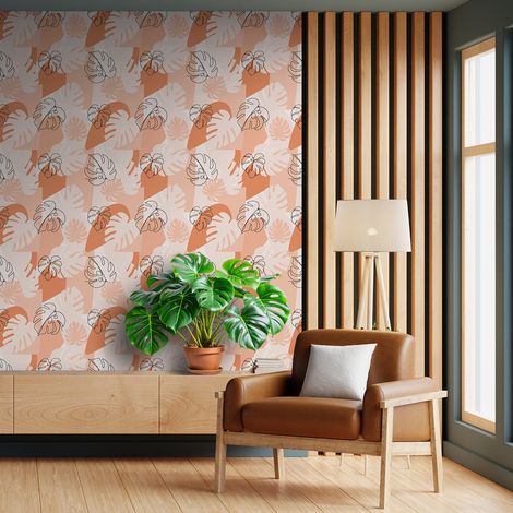 Papier peint intissé pré-encollé - ART MODERNE FEUILLES DE MONSTERA ORANGE - 1 rouleau de 300x60cm (1/5)