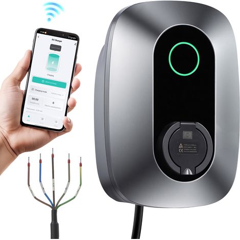 Mophorn Stazione di Ricarica per Auto EV PHEV 11kW Trifase Tipo 2, IP54 per Veicoli Elettrici e Ibridi Plug-in 400V AC, 16A, Controllo tramite App, Indicatore LED, Caricatore da Parete (1/5)