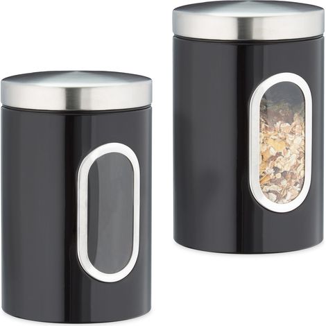 2x Barattolo, con Coperchio, Finestra Trasparente, 1,4 L, Caffè, Sale, Zucchero, Pasta, Cucina, Metallo, Nero (1/5)