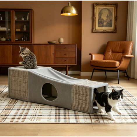 Tunnel per gatti da interno con 2 nicchie, sisal e pallina sospesa, 98 x 30 x 30 cm, grigio (1/5)