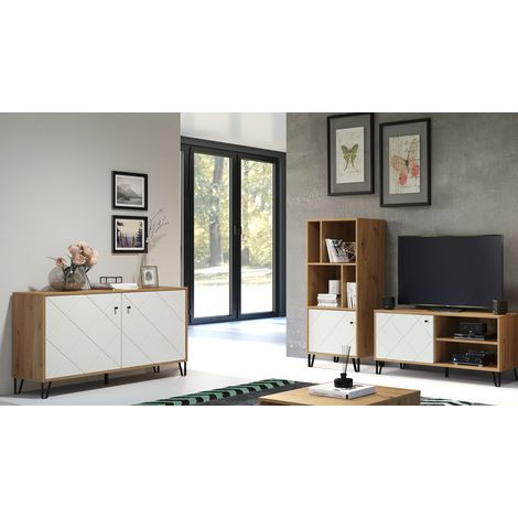 TV Schrank Set modern TORINO-19 in Artisan Eiche Nb. mit weiß matt, B/H/T: ca. 201/136/40 cm (1/5)