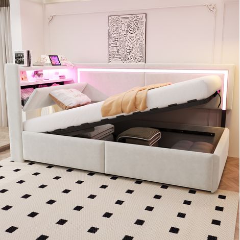Cama canapé con arcón 90 x 200 cm con LED, USB y cabecero abatible, terciopelo beige OKMYHOME (1/5)
