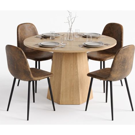 FurnitureR 5-Piece Dining Set, Ø120CM Light Wood Round Table & 4 Brown Suede Chairs (1/5)