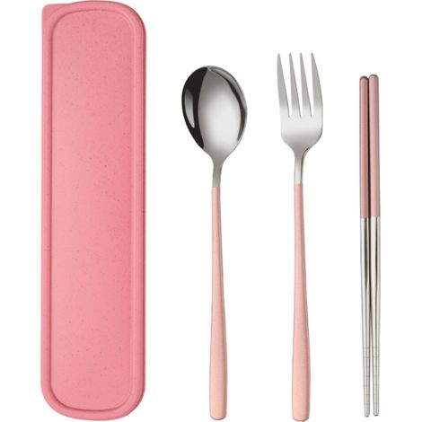 Set Couverts Portatif - Baguettes Fourchette Cuillère En Acier Inoxydable - Pour Voyage Camping Pique-Nique Bureau École - 3 Pièces Avec Étui (1/5)