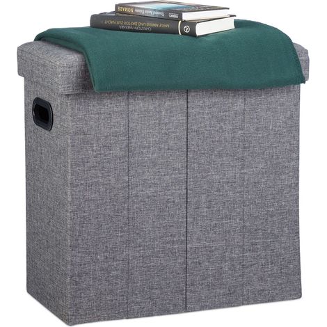 Relaxdays Foldable Footstool, HxWxD: 49.5 x 46 x 25.5 cm, with storage space, handles, linen, polyester, MDF, dark grey