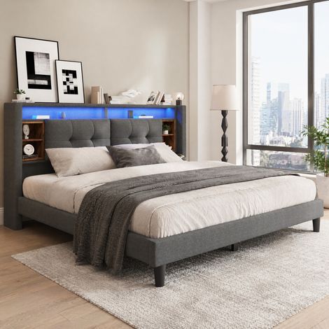 Letto 160x200 con testiera contenitore, USB e LED, grigio DESVIAE (1/5)