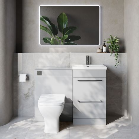 Napoli 390 Cento Gloss Grey Pearl 1100mm 2 Drawer Vanity Unit Toilet Suite with Glide Basin - 1100mm - Gunmetal Grey 320mm HandleWith Kingston Toilet Pan and Seat