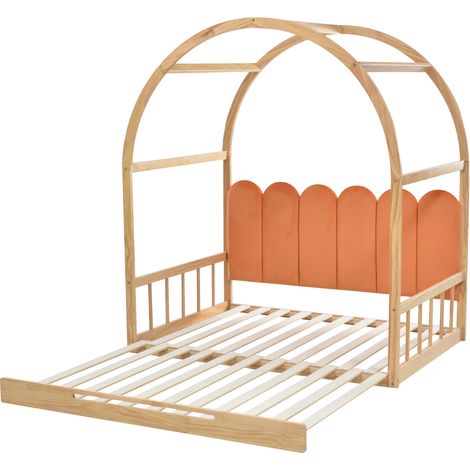 Lit à toit courbé extensible, lit gigogne, lit enfant, lit de jour, lit double, coussin en velours, cadre en pin, naturel et orange (140x100cm&140x200cm) (1/5)