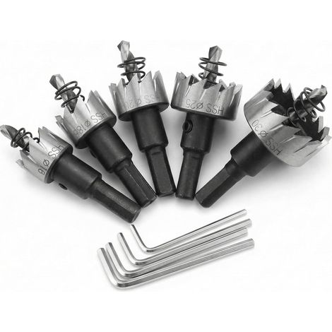 QWORK Hole Saw Set of 5 Ø16/18.5/20/25/30 mm HSS Hole Saw for Steel, Stainless Steel, Suitable for Wood, Plastic, Metal (1/5)
