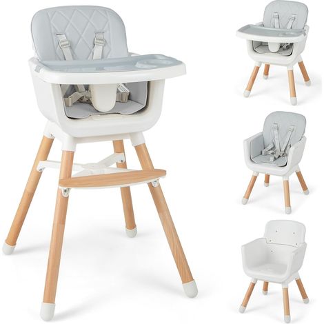 COSTWAY Trona Bebe Convertible 6 en 1, Trona de Madera con Patas Ajustables, Bandeja Doble Extraíble, Cinturón de Seguridad, Reposapiés, Silla Infantil para Bebés de 6 a 36 Meses (Gris) (1/5)