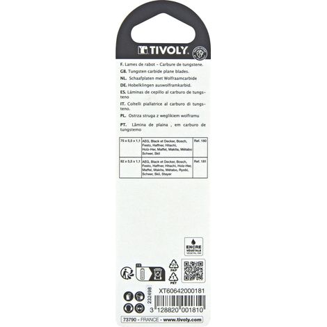 Tivoly • 2 lame per pialla reversibili • Lame in carburo • 82 mm5,5 mm1,1 mm • Per tutte le pialle elettriche
