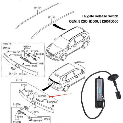 Interrupteur de coffre arrière ABS OEM 81260 1D000 pour Kia Rondo 2007-2012, Carens 2007-2012 (1/5)