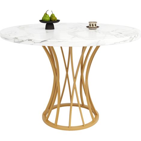 Table à manger ronde 80 x 80 x 76 cm - pour 4 à 6 personnes avec pieds réglables, plateau en marbre MDF, convient pour salle à manger et salon - Jaune (1/5)