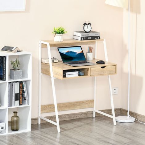 Bureau secrétaire Bureau Informatique Style néo-rétro tiroir Niche métal étagère blanc. aspect chêne clair