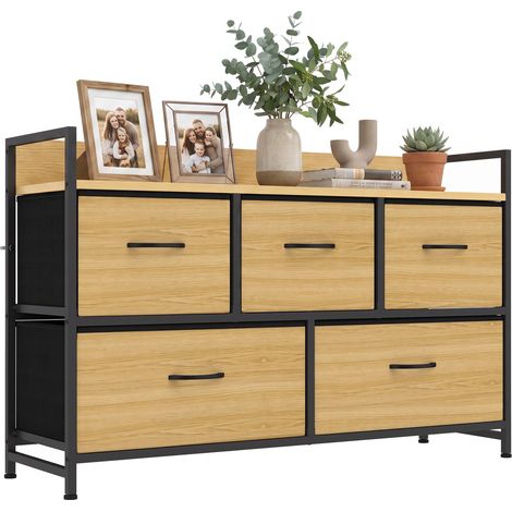 HOMCOM mueble organizador cajonera de tela con 5 cajones y marco metálico estilo industrial para salón recibidor dormitorio 98x29x63 cm roble (1/5)