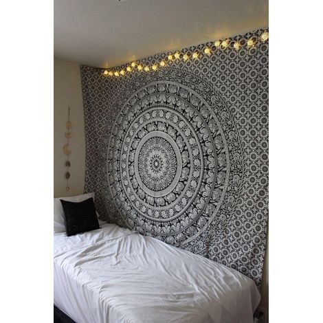 CSPARKV Wall Tapestry Black Mandala Tapestry - Hand Printed Elephant Beach Tapestry Wall Hanging for Room Decor - Black/White 200cm X 150cm (1/4)