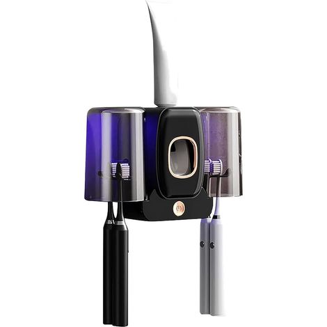 Soporte de pared para cepillos de dientes - Esterilizador UV - Esterilizador inteligente - Soporte adhesivo para cepillos de dientes - Dispensador automático de pasta de dientes - Negro (1/5)