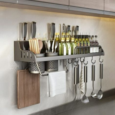 Multifunktionales Wandregal für Zuhause, Gewürzregal ohne Bohren, Küchenetagere mit 2 Tassen, 50 cm