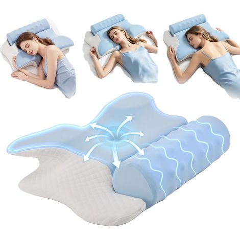 Oreiller pour dormeur latéral, design ergonomique, trous pour les bras pour le confort, Bleu (1/2)