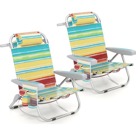 COSTWAY Sedia da Spiaggia, Sdraio Pieghevole a 5 Posizioni con Portabicchieri, Poltrona da Spiaggia con Cuscino per Testa e Zaino, Sedia da Campeggio Portatile, Portata 150 kg (2, Colorate)