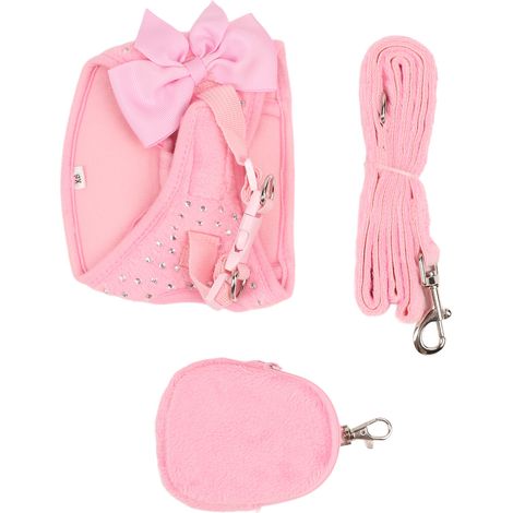 Harnais pour chien avec laisse, nœud mignon et strass, respirant et réglable, pour petits chiens et chats, rose XS (1/5)