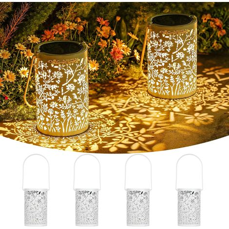 Lot de 4 lampes solaires blanches pour l'extérieur - Vintage - En métal - Avec motif fleurs et oiseaux - IP65 - Résistant aux intempéries - Pour table, allée de jardin, balcon, décoration de (1/5)