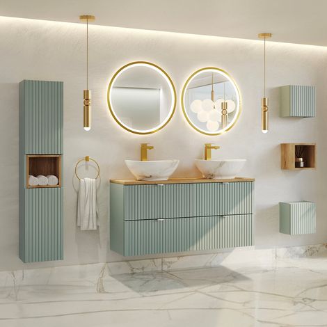 Conjunto de muebles con doble lavabo 120cm 4 cajones columna y 3 armarios de pared Jade Verde y Madera (1/4)