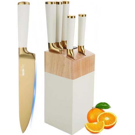 Ensemble de couteaux, ensemble de 6 couteaux revêtus de titane avec bloc en bois rose, ensembles de couteaux de chef en acier inoxydable tranchants pour la cuisine, aiguiseur intégré (Blanc) (1/5)