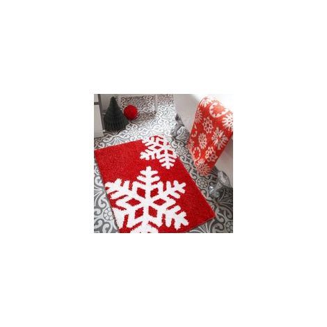 Tapis de bain flocons de neige rouges et blancs, 40 cm x 60 cm, antidérapant, lavable en machine, doux et absorbant, motif hivernal et festif, 50 cm x 80 cm