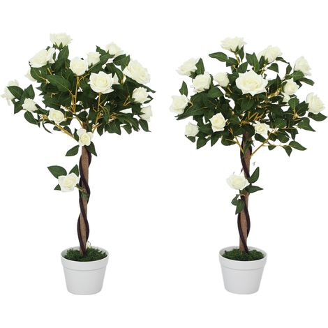 Pianta Finta di Rosa da 21 Fiori con Vaso Riempito in Cemento e Muschio, Ø18x90 cm, Bianco