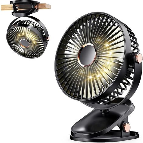 Ventilateur portable à pince USB, ventilateur de bureau silencieux avec lumière LED intégrée, pour usage domestique, en voiture ou sur poussette — couleur noir (1/5)