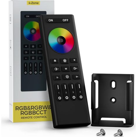 Funkfernbedienung mit LED-Technologie – 1 Stück – Ergonomisches Kunststoffgehäuse – 4-Zonen-RGBW-RGBCCT-Steuerung – Ideal für Zuhause und Hotel – Kompaktes Schwarz (1/5)