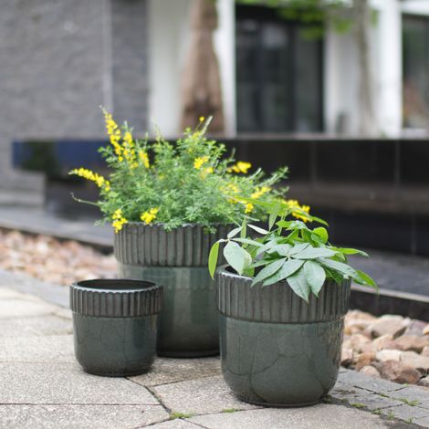 Pot de fleur en céramique Ø38 x 36,3 cm vert foncé, drainant, pour intérieur et jardin FloraGrace (1/5)