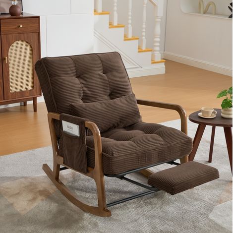 Poltrona a dondolo 70x80x92 cm caffè in velluto a coste con poggiapiedi estraibile e schienale regolabile (1/5)