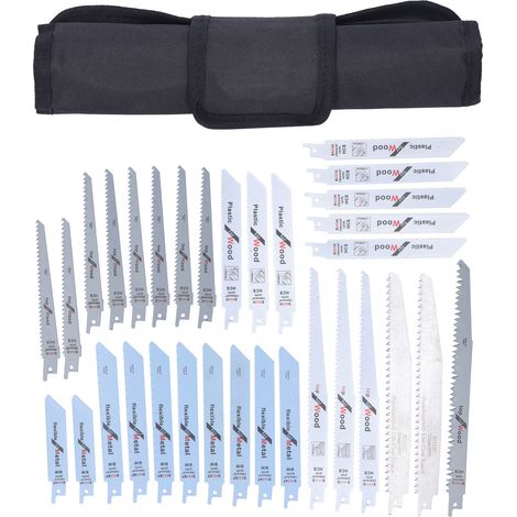 Lot de 32 lames de scie sabre et scie sauteuse pour coupe bois, métal, plastique, avec sac de rangement noir. (1/5)