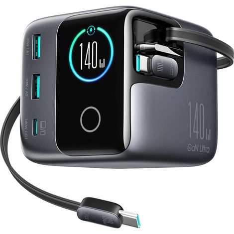 Caricabatterie da tavolo a 5 porte con 2 cavi retrattili GaN 140W - Grigio
