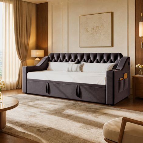 DESMIU Lit banquette 2 places 90 × 190 cm avec rangement dans les accoudoirs, USB et Type-C, sans matelas, gris (1/5)