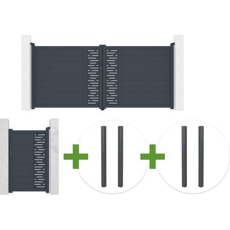 Portail battant 3,5m ARLBERG H.160cm gris + Portillon 1m ARLBERG H.160cm gris + 4 poteaux ELDA (1/5)
